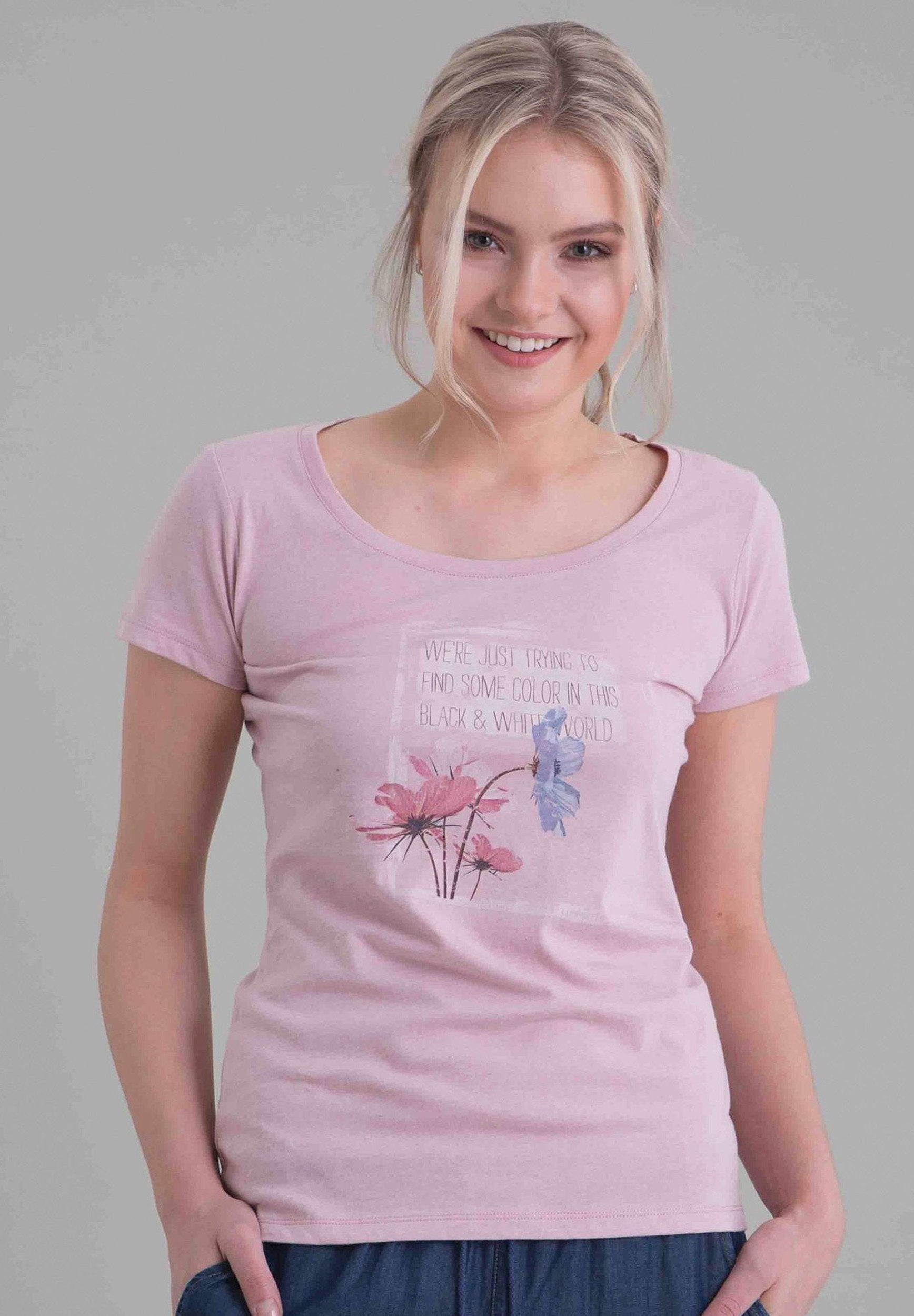 Damen T-Shirt aus Bio-Baumwolle mit Blumenprint WOR6006 Rose Melange