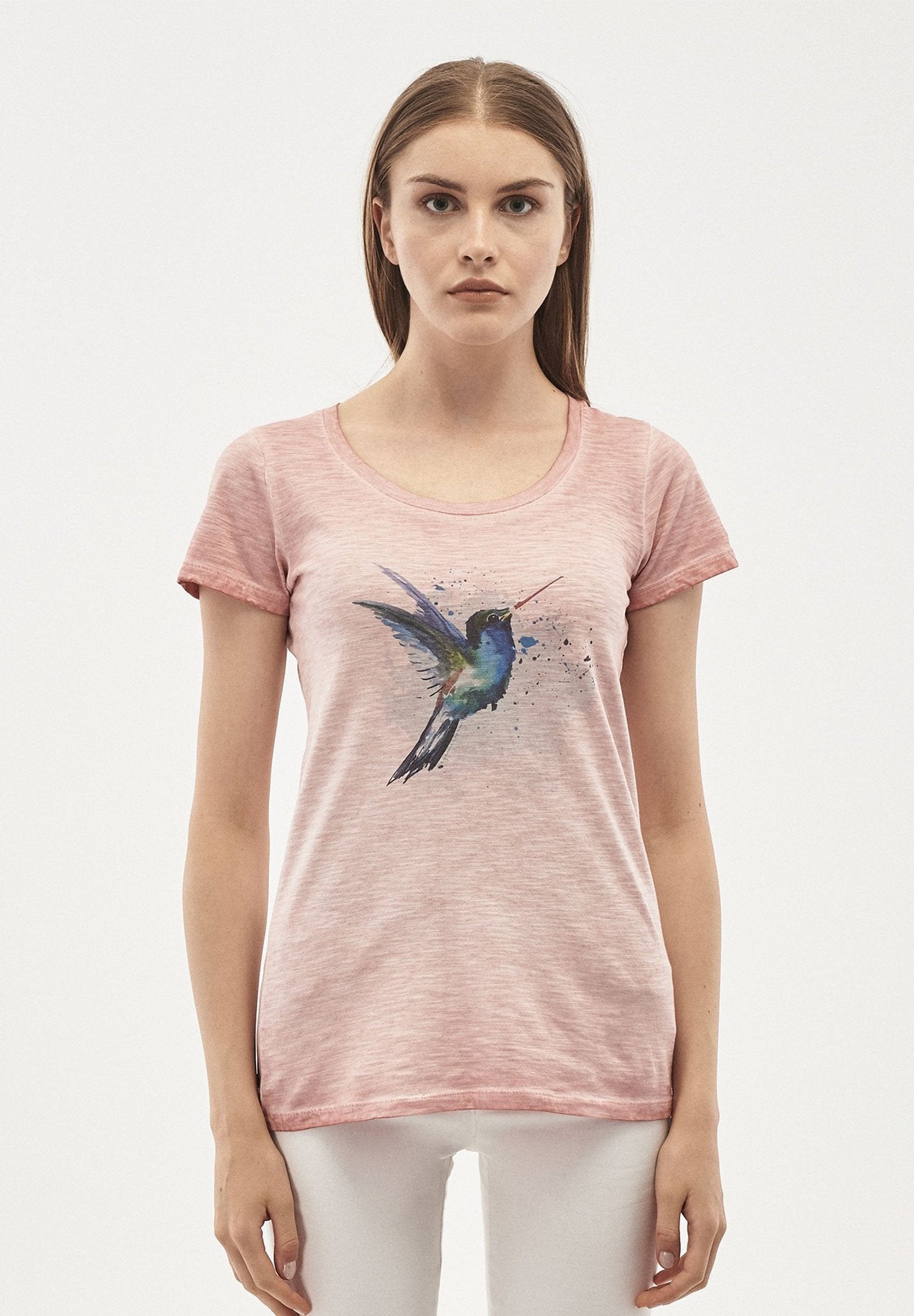 Damen Garment Dyed T-Shirt aus Bio-Baumwolle mit Vogel-Print