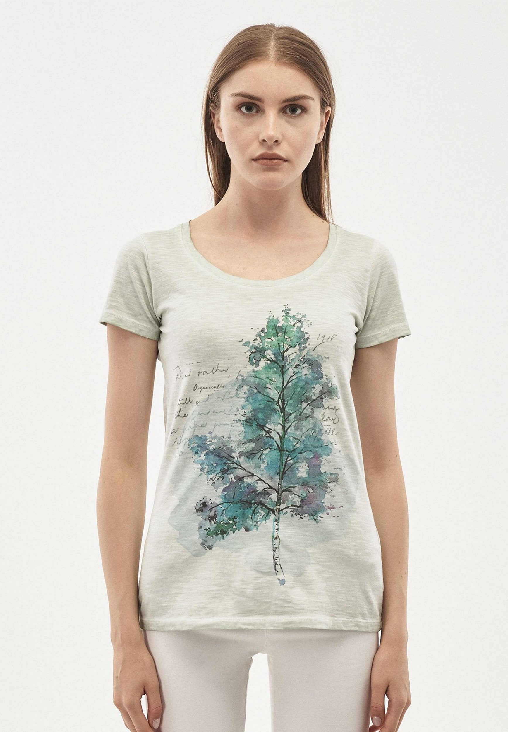 Damen Garment Dyed T-Shirt aus Bio-Baumwolle mit Baum-Print