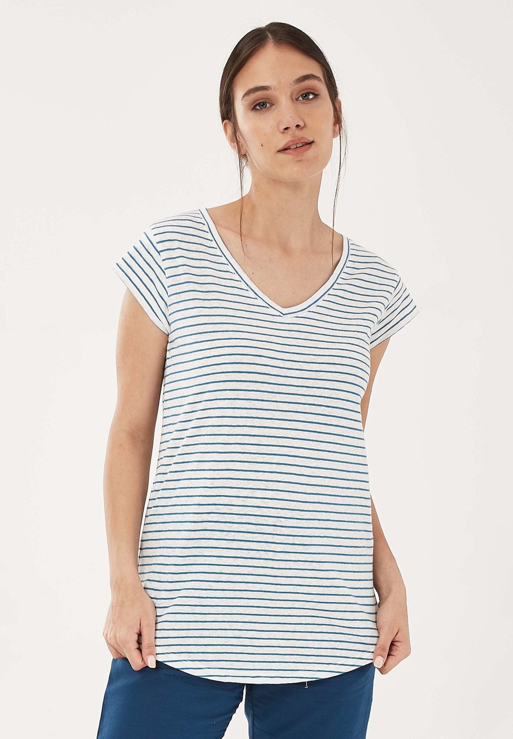 T-Shirt aus Bio-Baumwolle und Leinen mit Ringelmuster | Faire Damenmode