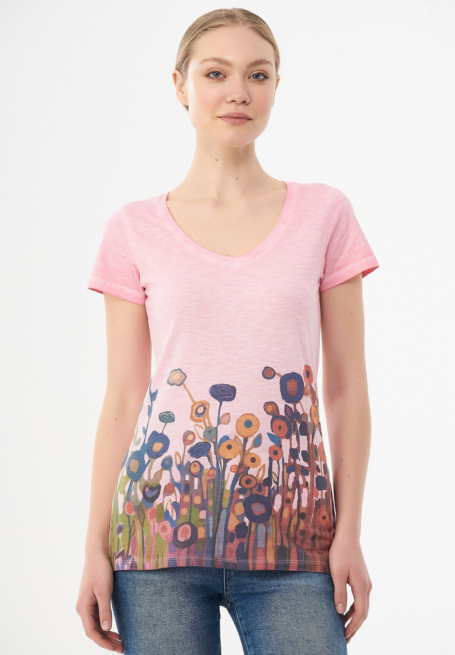 Garment Dyed T-Shirt aus Bio-Baumwolle mit Blumen-Print