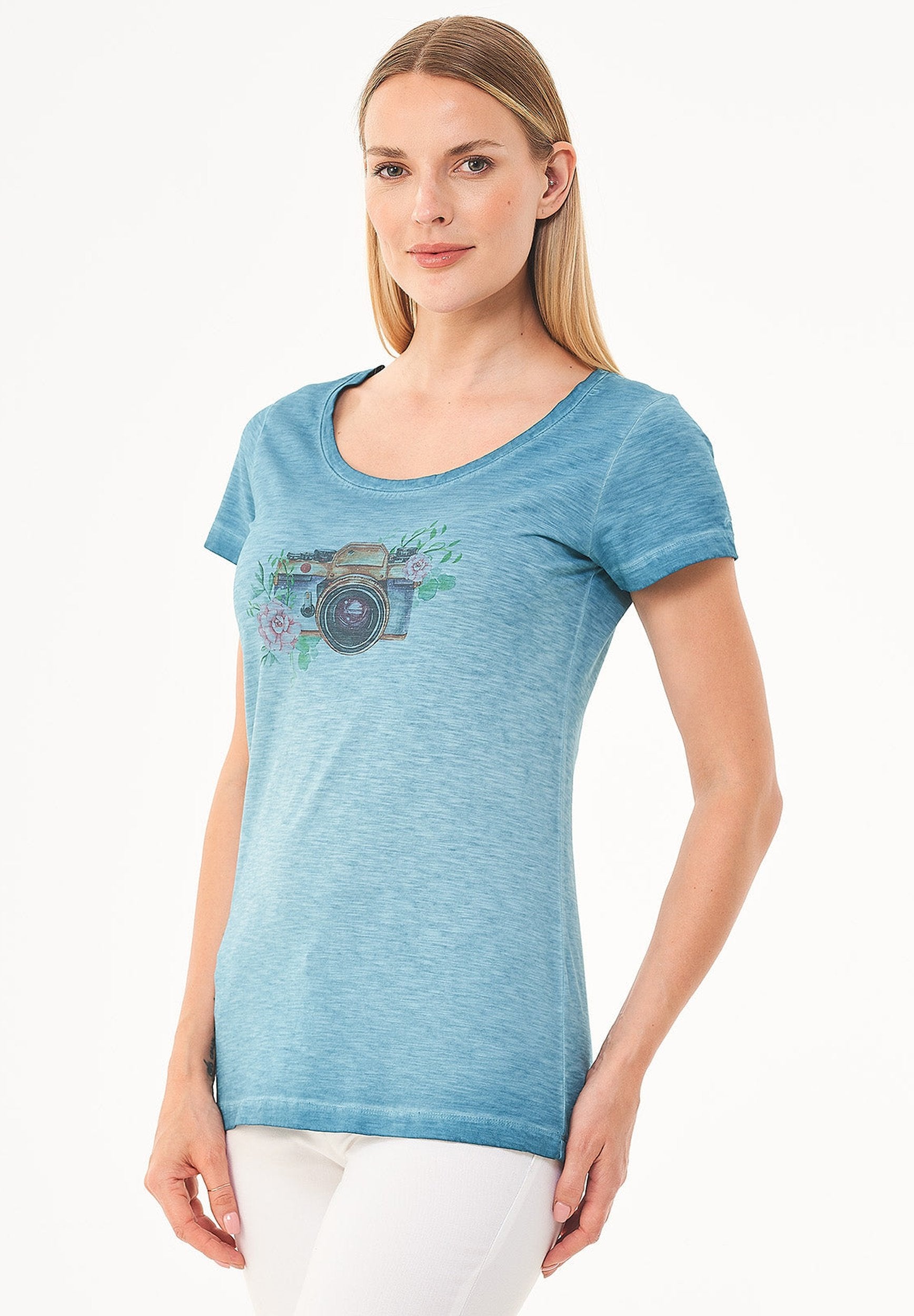 Garment Dyed T-Shirt aus Bio-Baumwolle mit Kamera-Print