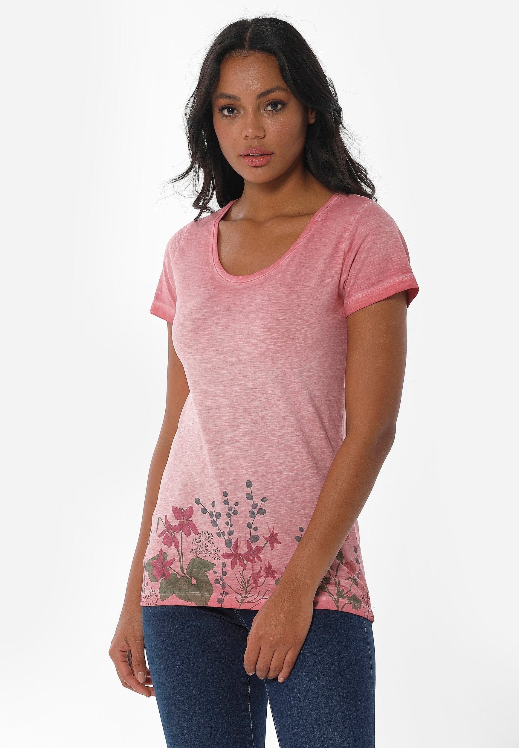 Garment Dyed T-Shirt aus Bio-Baumwolle mit Blume-Print