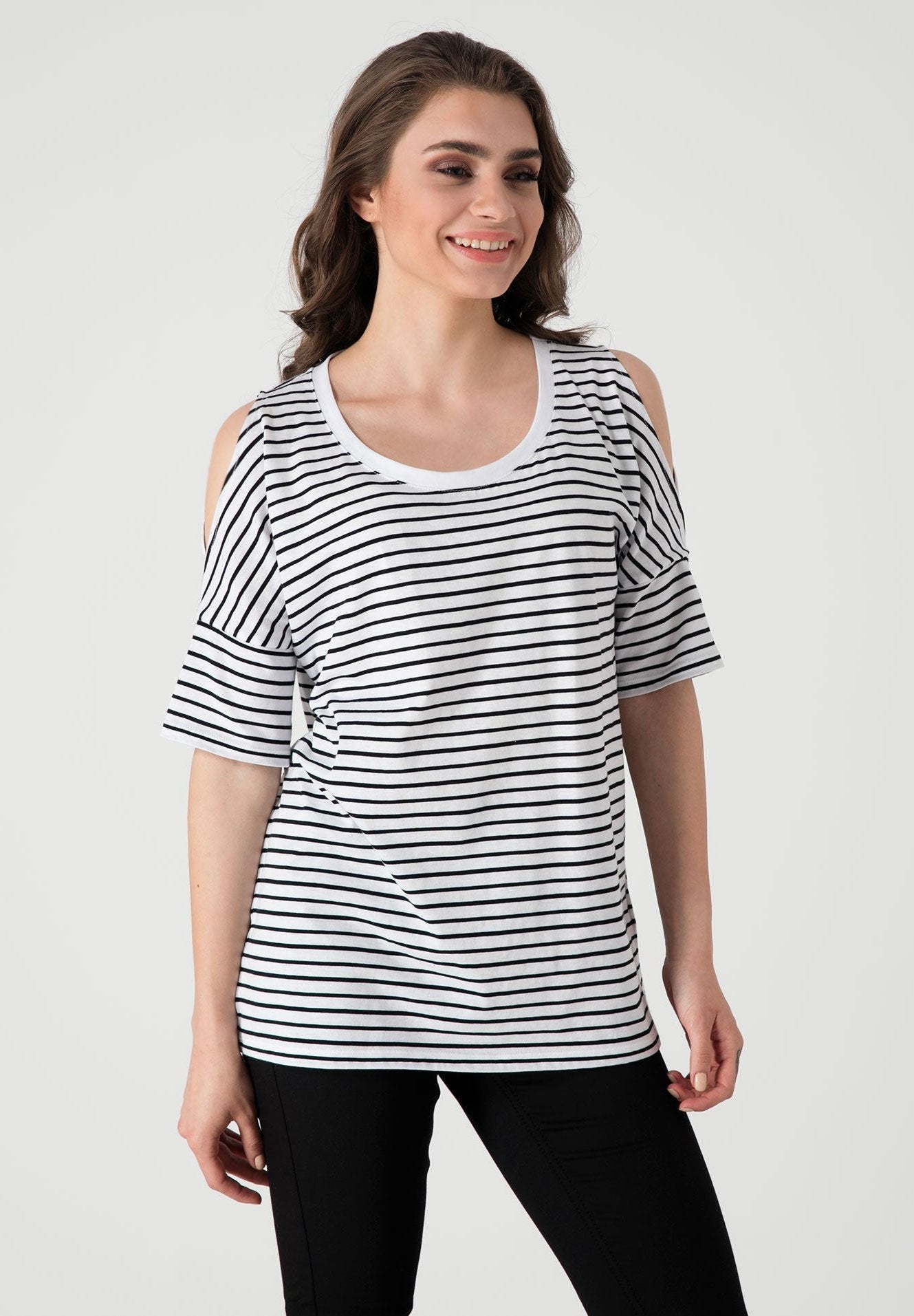 Schulterfreies T-Shirt aus Bio-Baumwolle mit Streifen