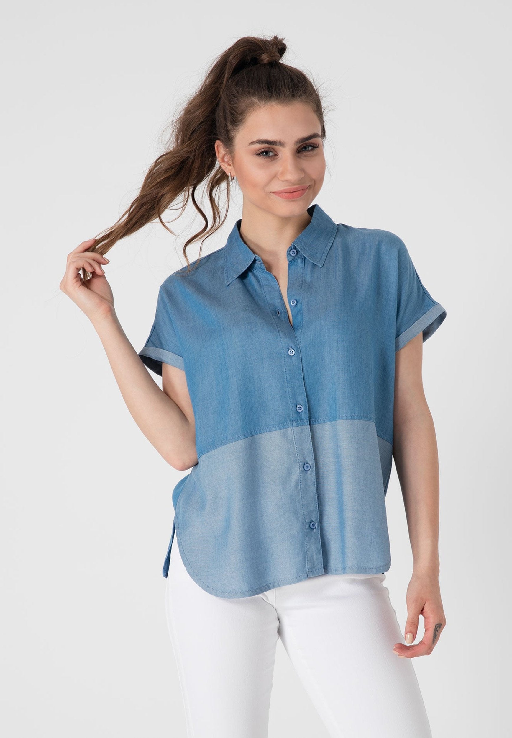 Kontrast geteilte Bluse aus TENCEL™ Lyocell Denim
