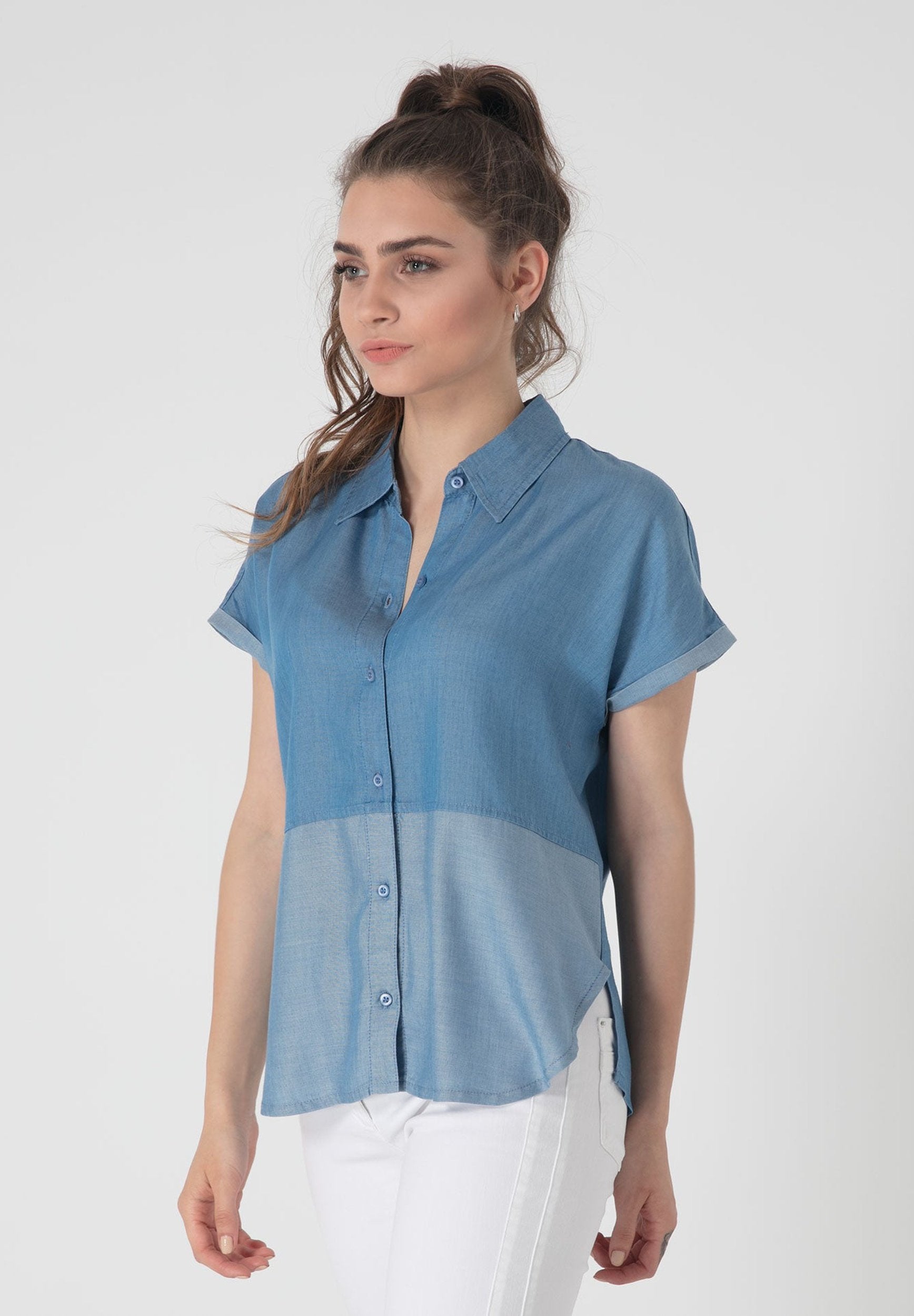 Kontrast geteilte Bluse aus TENCEL™ Lyocell Denim