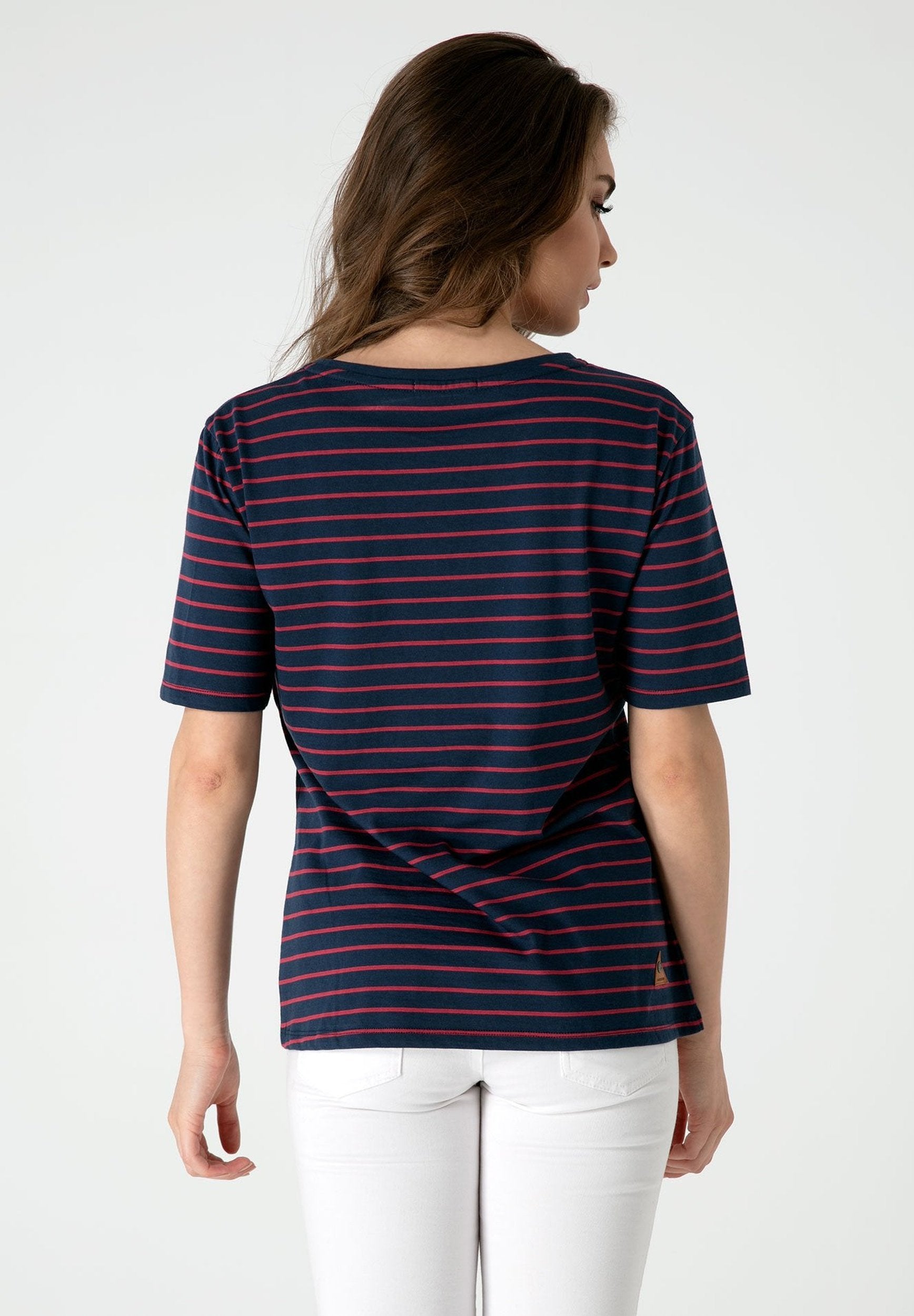 Damen Gestreiftes Rundhals 1/2 Arm T-Shirt aus Bio-Baumwolle WOR5255 Navy & Coral