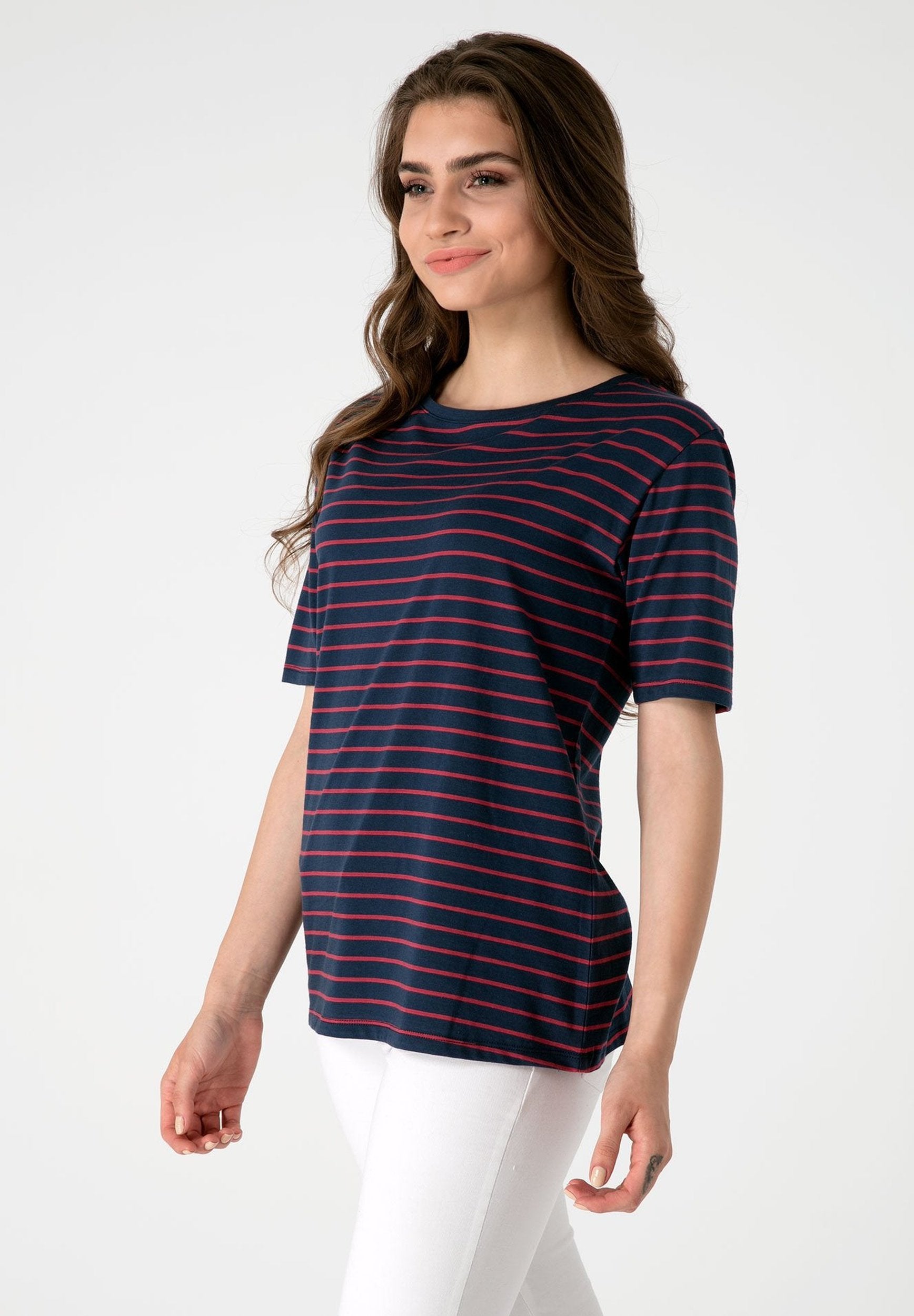 Damen Gestreiftes Rundhals 1/2 Arm T-Shirt aus Bio-Baumwolle WOR5255 Navy & Coral