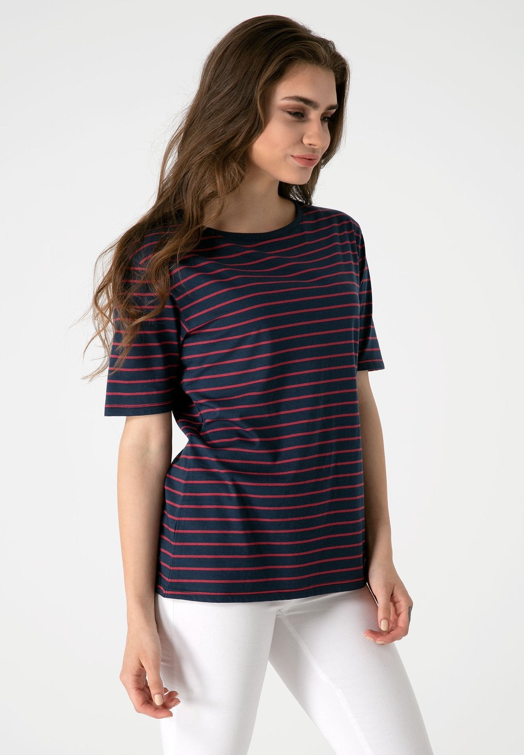 Damen Gestreiftes Rundhals 1/2 Arm T-Shirt aus Bio-Baumwolle WOR5255 Navy & Coral