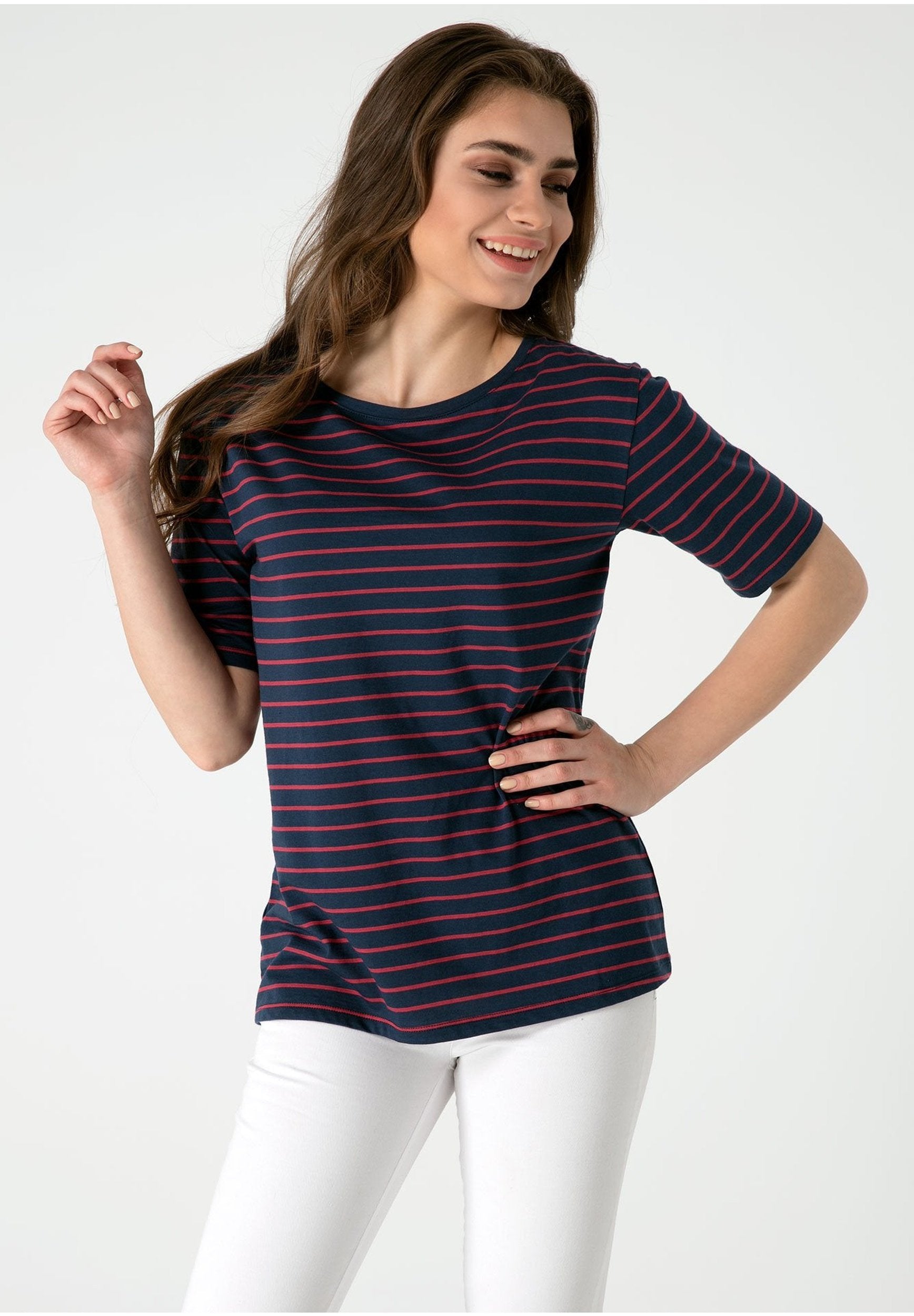Damen Gestreiftes Rundhals 1/2 Arm T-Shirt aus Bio-Baumwolle WOR5255 Navy & Coral
