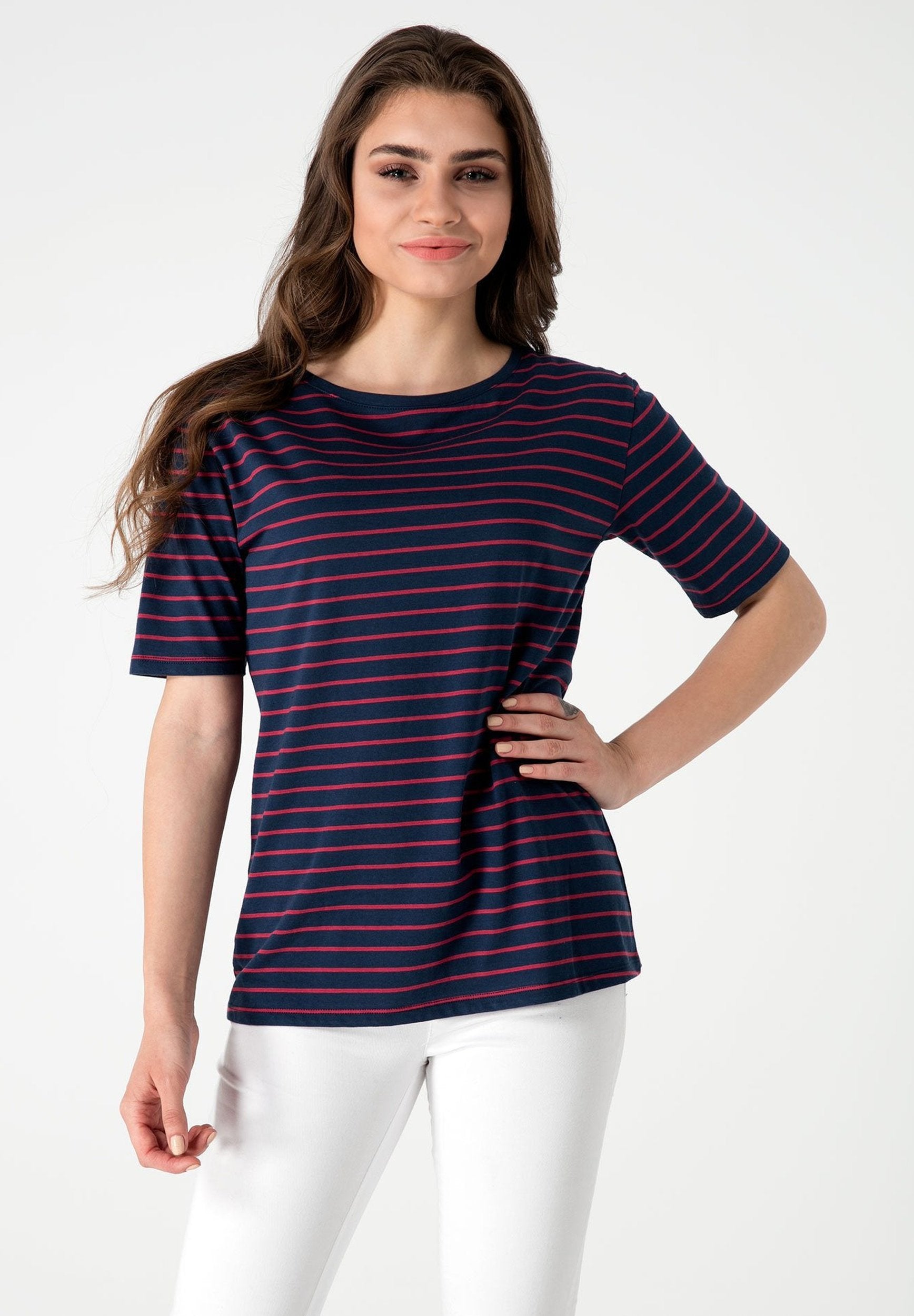 Damen Gestreiftes Rundhals 1/2 Arm T-Shirt aus Bio-Baumwolle WOR5255 Navy & Coral
