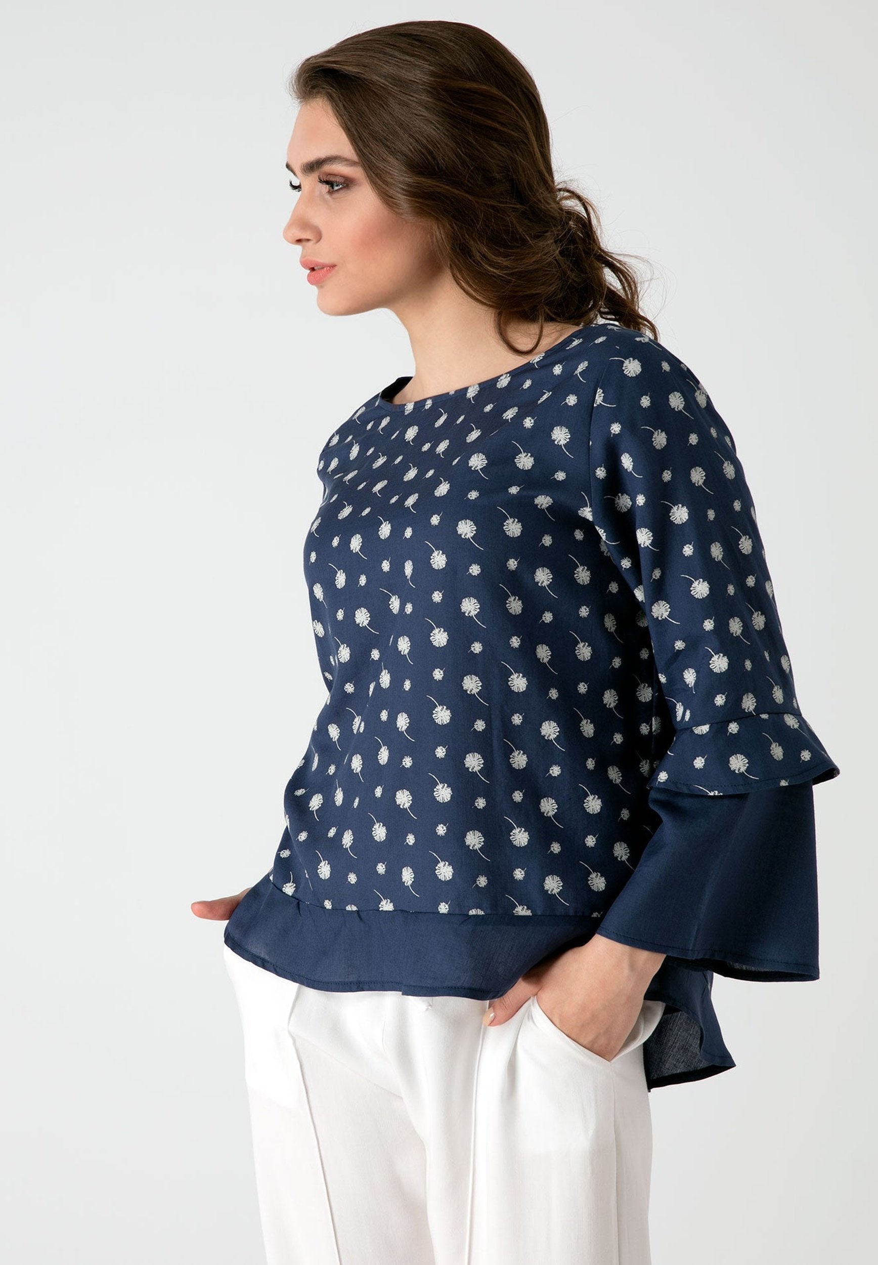 Langarm Bluse aus TENCEL™ Lyocell mit Allover Print und Volants