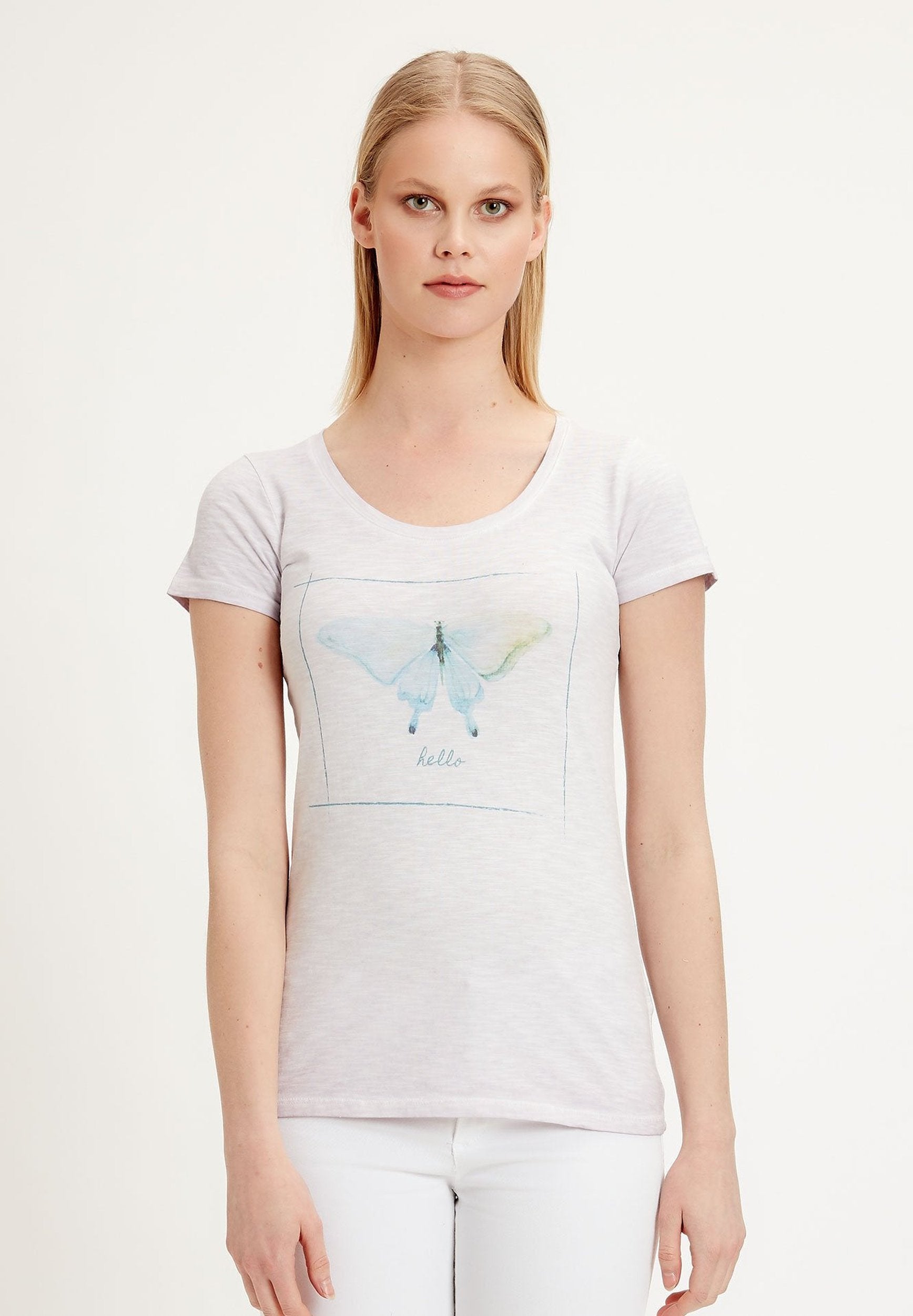 Damen Garment Dyed T-Shirt aus Bio-Baumwolle mit Schmetterling-Print