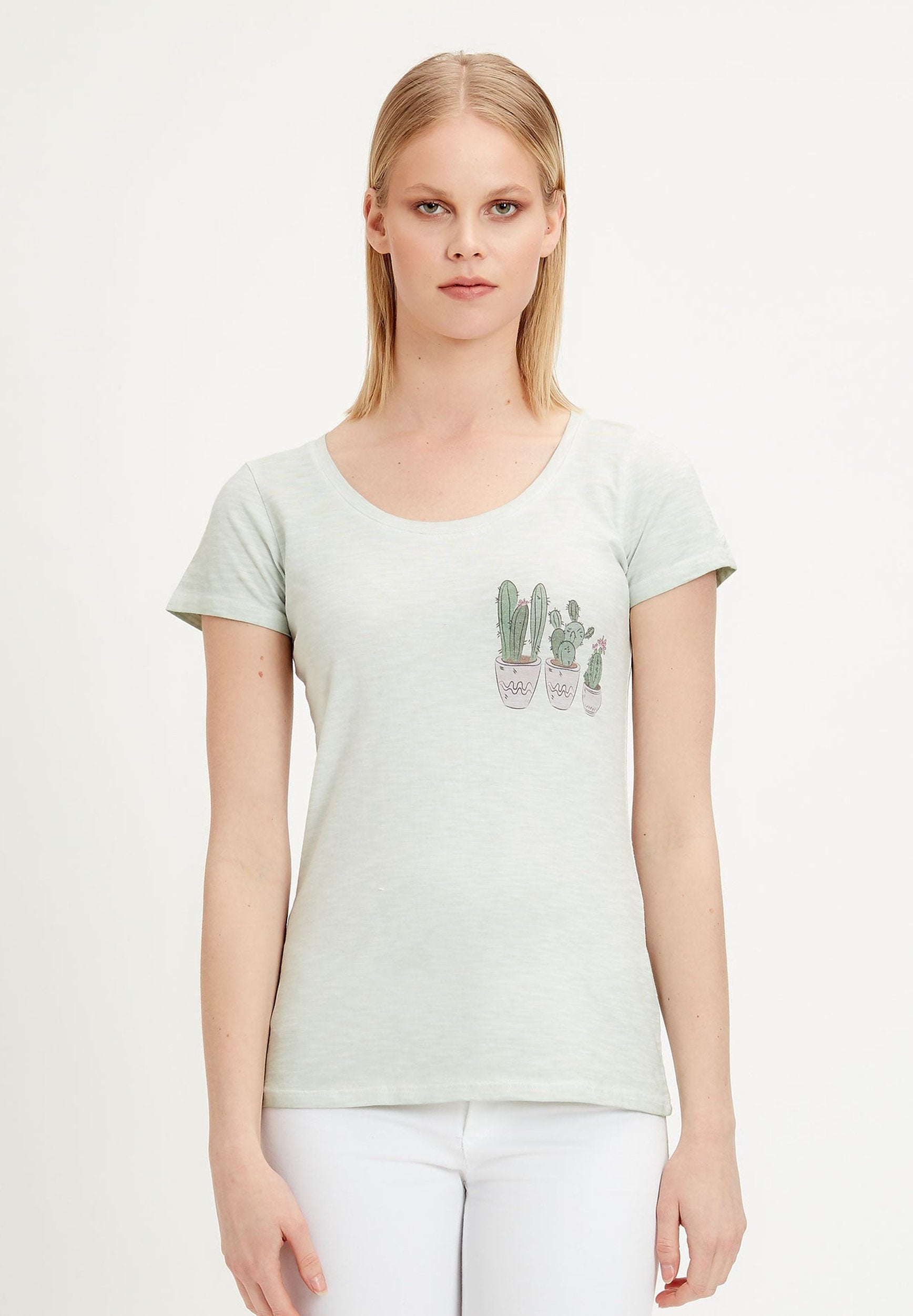 Garment Dyed T-Shirt aus Bio-Baumwolle mit Kaktus-Print