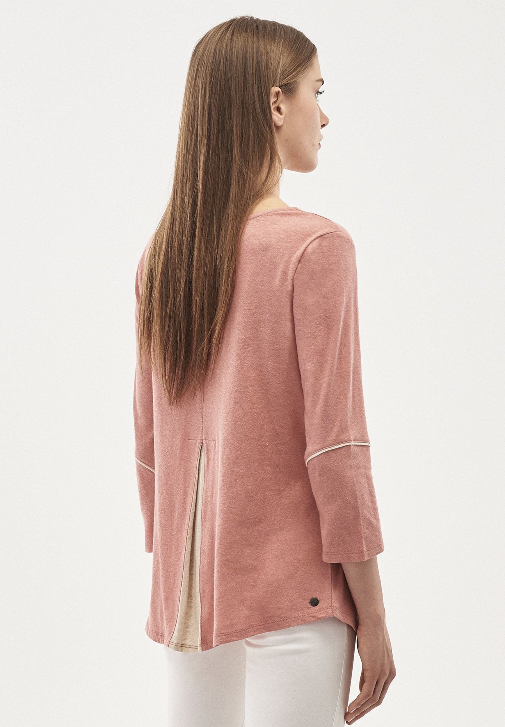 3/4 Arm Shirt aus Leinen-Bio-Baumwolle-Mix mit Wasserfallkragen