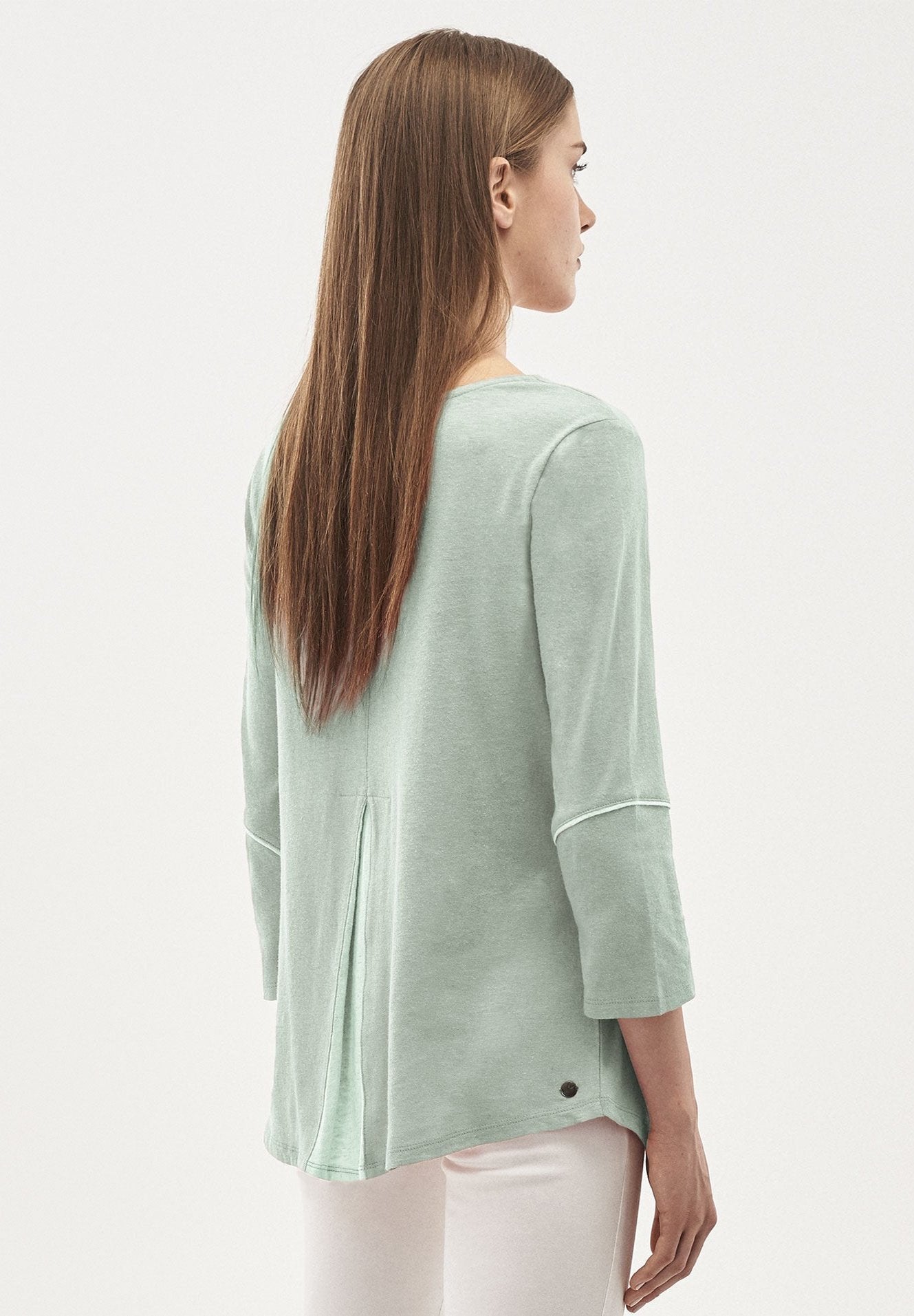 3/4 Arm Shirt aus Leinen-Bio-Baumwolle-Mix mit Wasserfallkragen