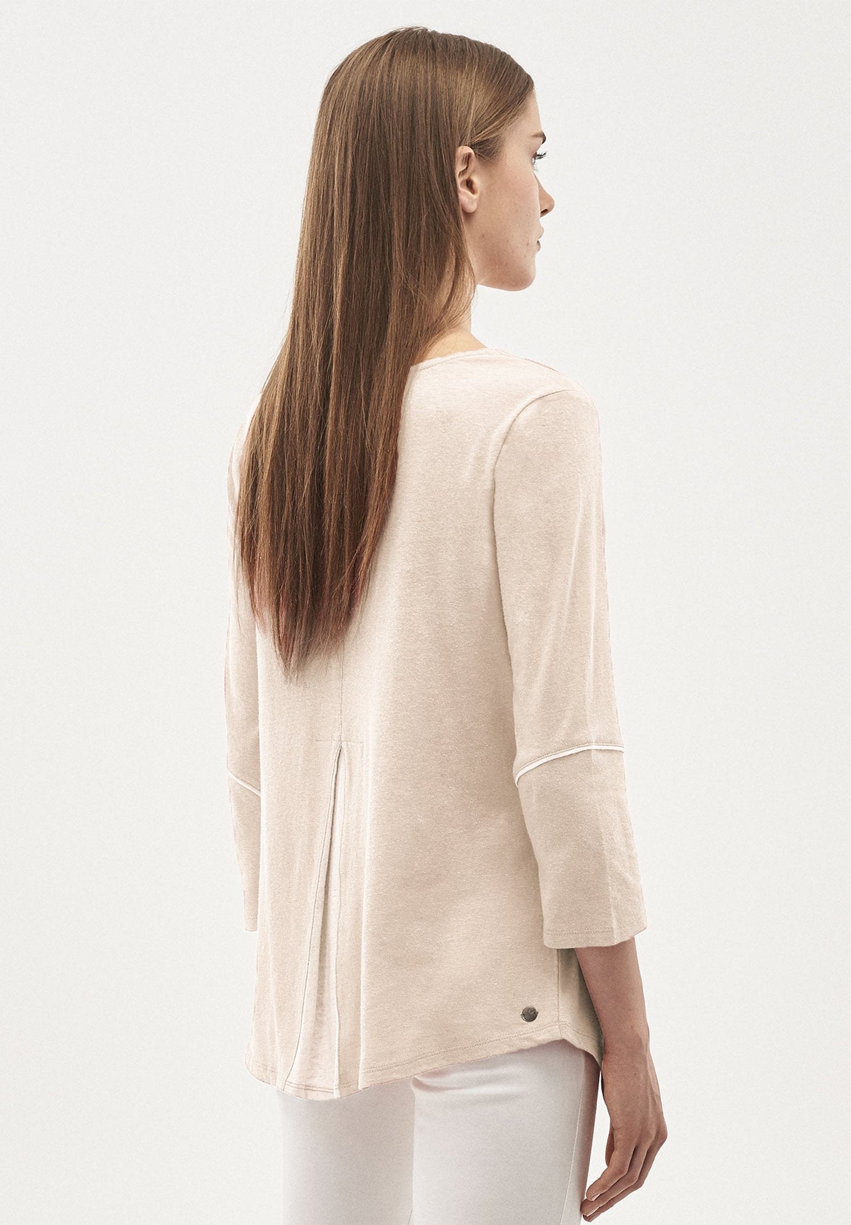 3/4 Arm Shirt aus Leinen-Bio-Baumwolle-Mix mit Wasserfallkragen