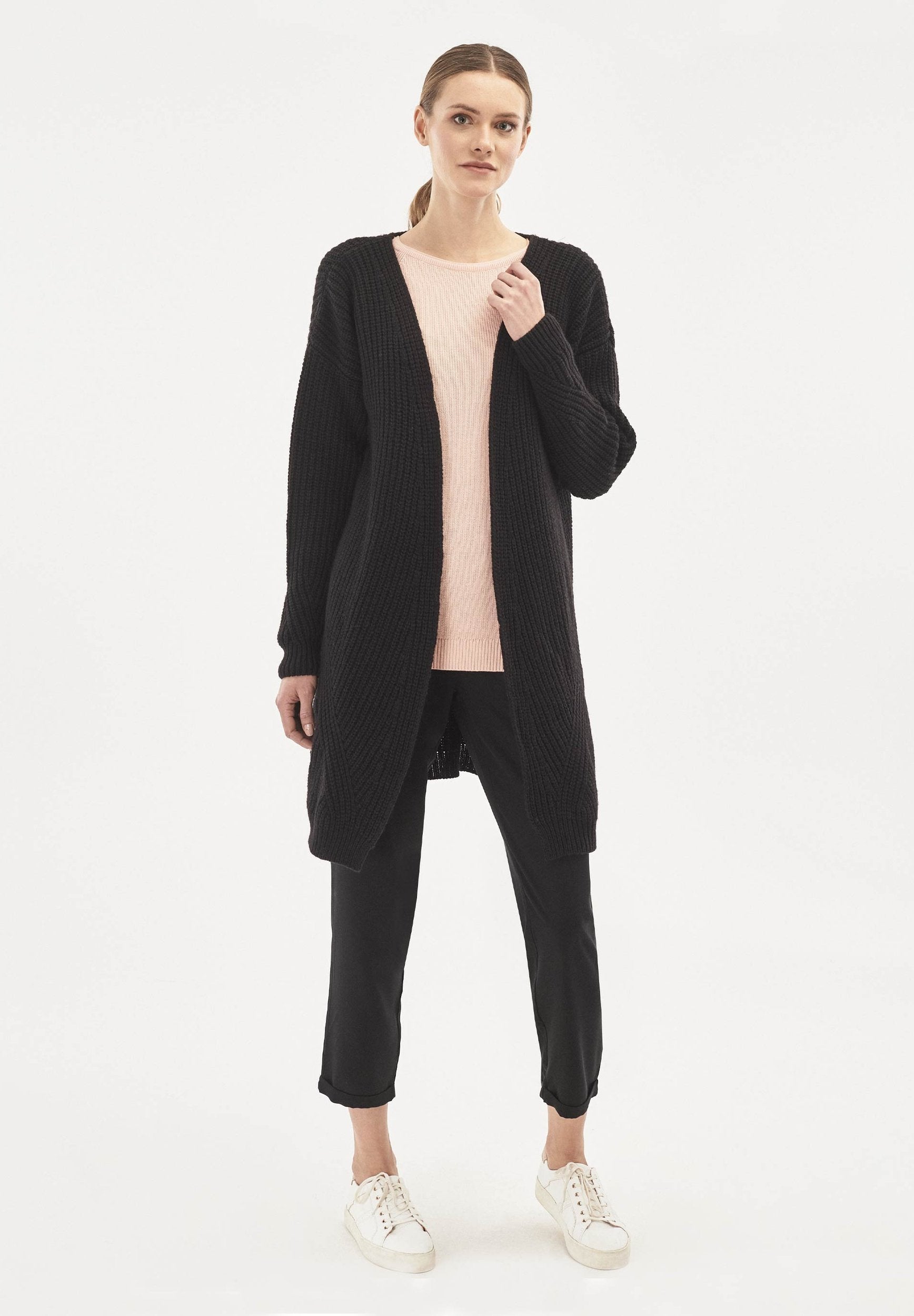 Langer Cardigan aus Bio-Merinowolle und Bio-Baumwolle