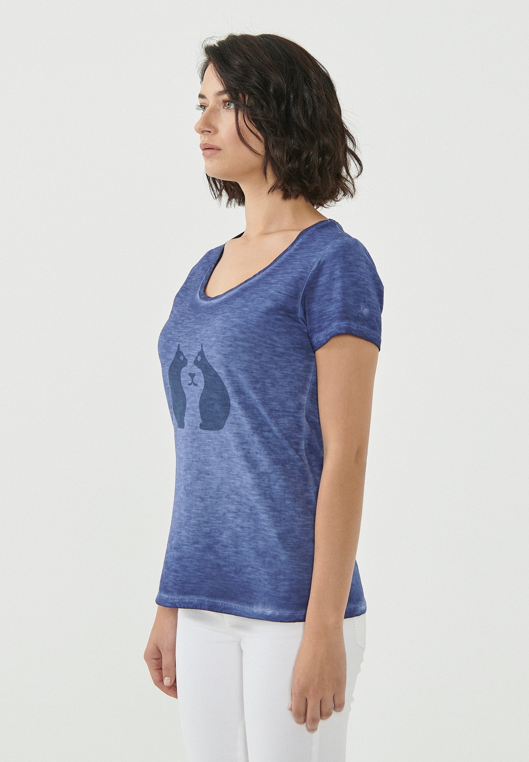 Garment Dyed T-Shirt aus Bio-Baumwolle mit Katzen-Print